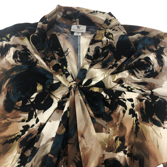 Worthington Women’s Sleeveless Crossover Blouse 1X Stretch Brown Blue Floral Top - Picture 2 of 16